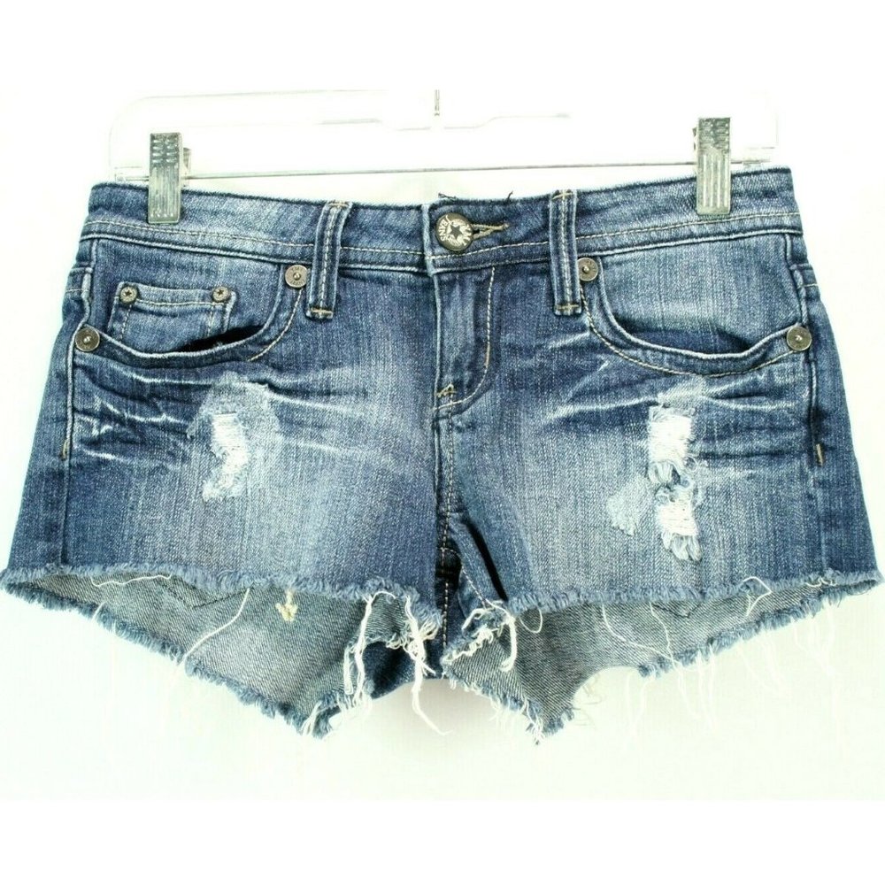 YMI Womens Sz 0 Shorts Medium Wash Cutoff Distressed Frayed Booty Destroyed